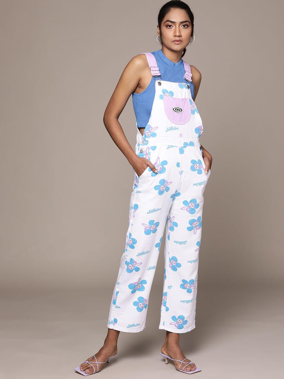 urbanic women white & blue graphic print dungarees