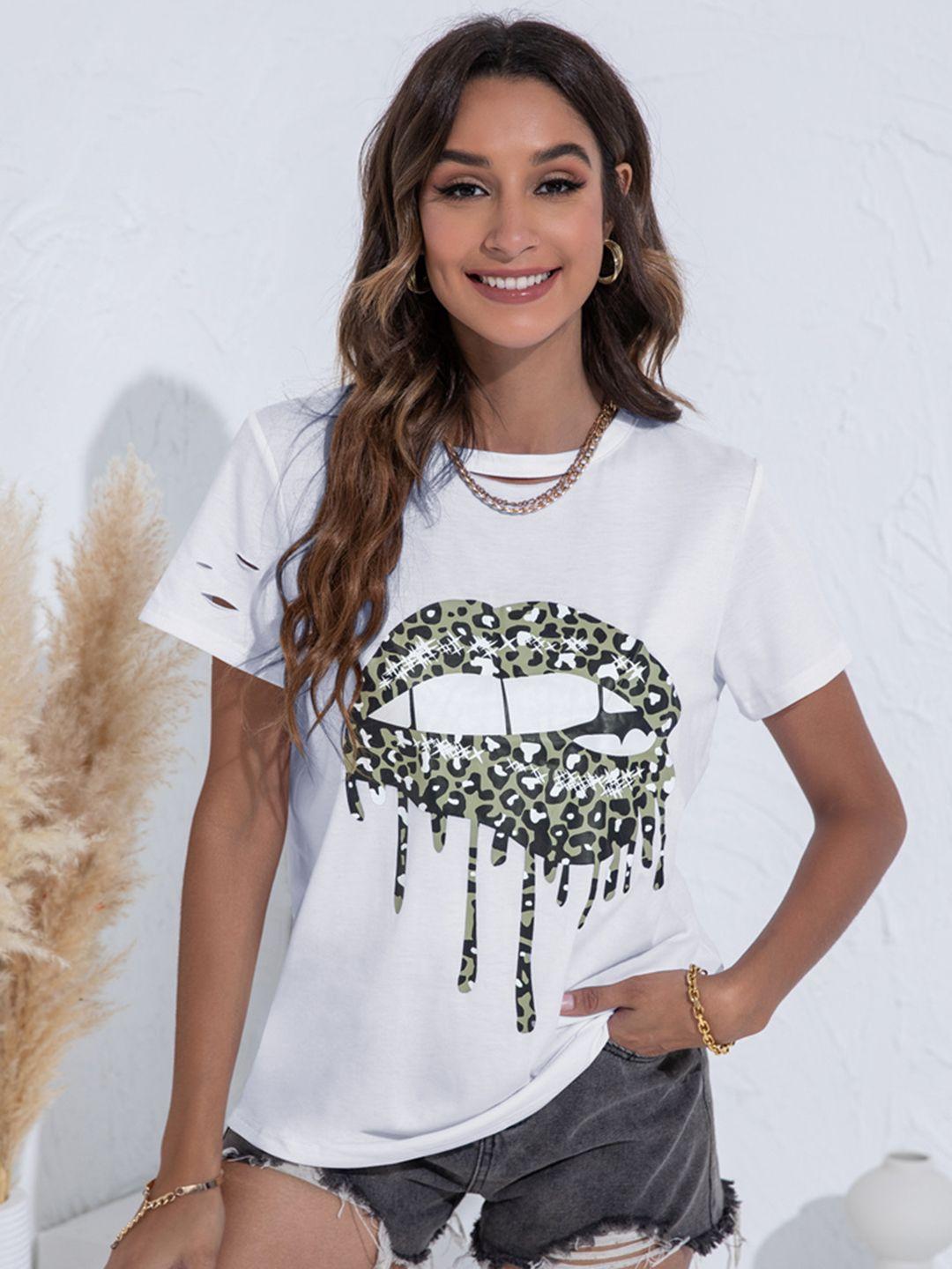 urbanic women white & green lips print t-shirt