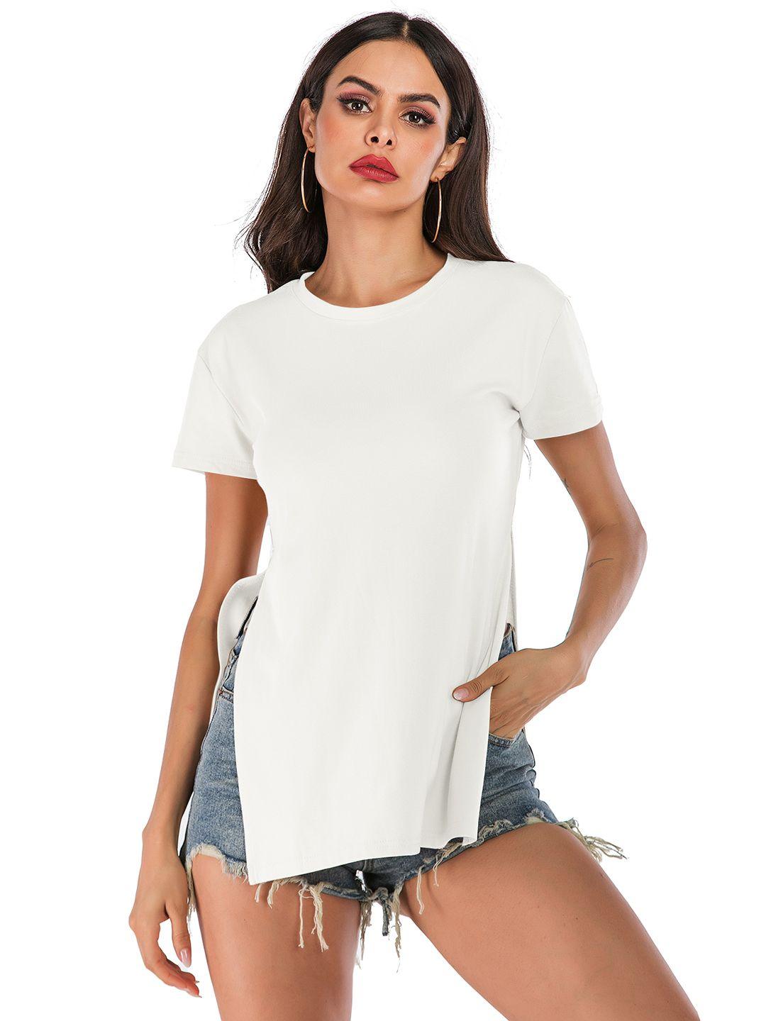 urbanic women white solid longline relaxed fit t-shirt with side slits