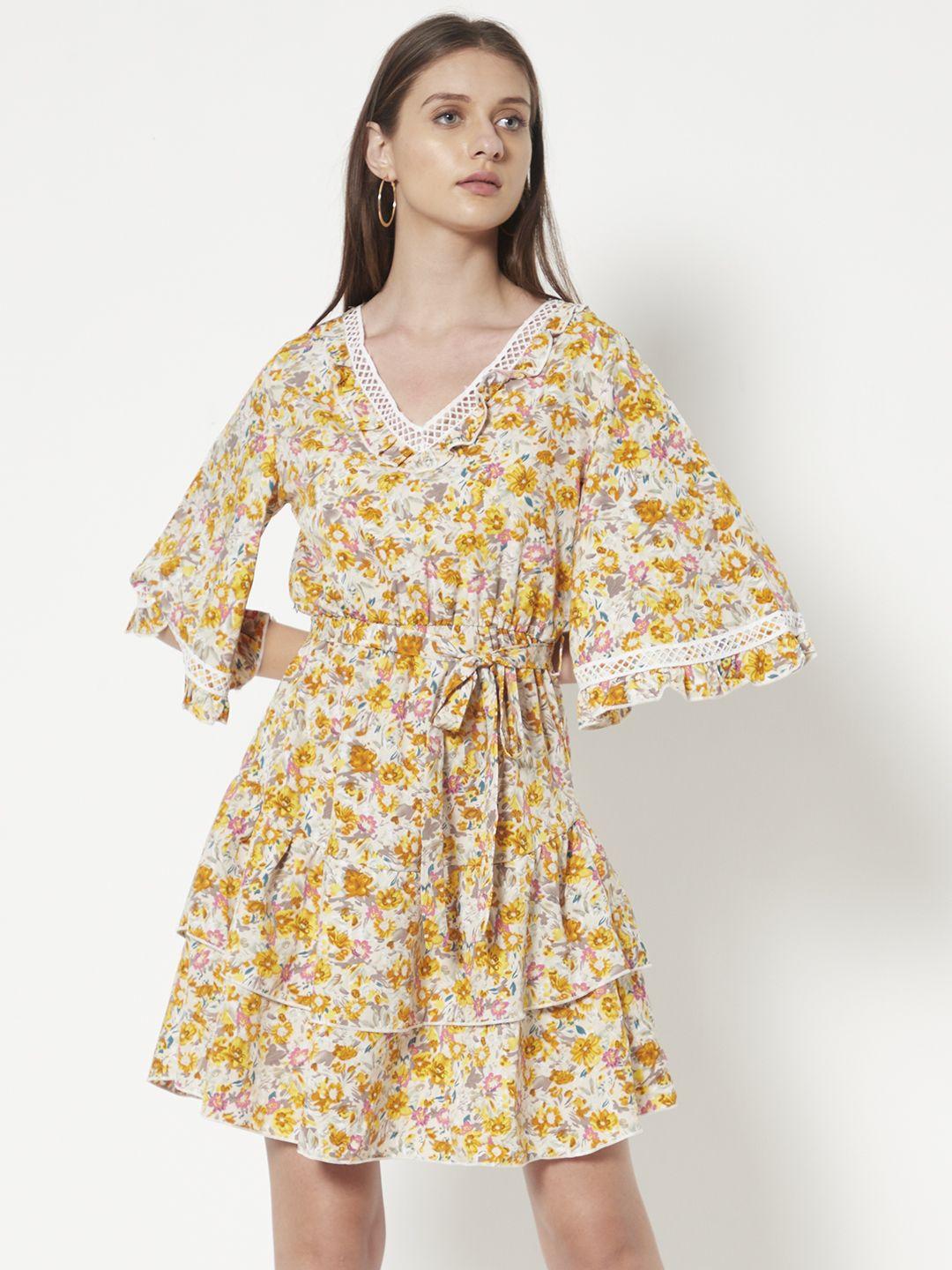 urbanic yellow & white floral print a-line dress with belt