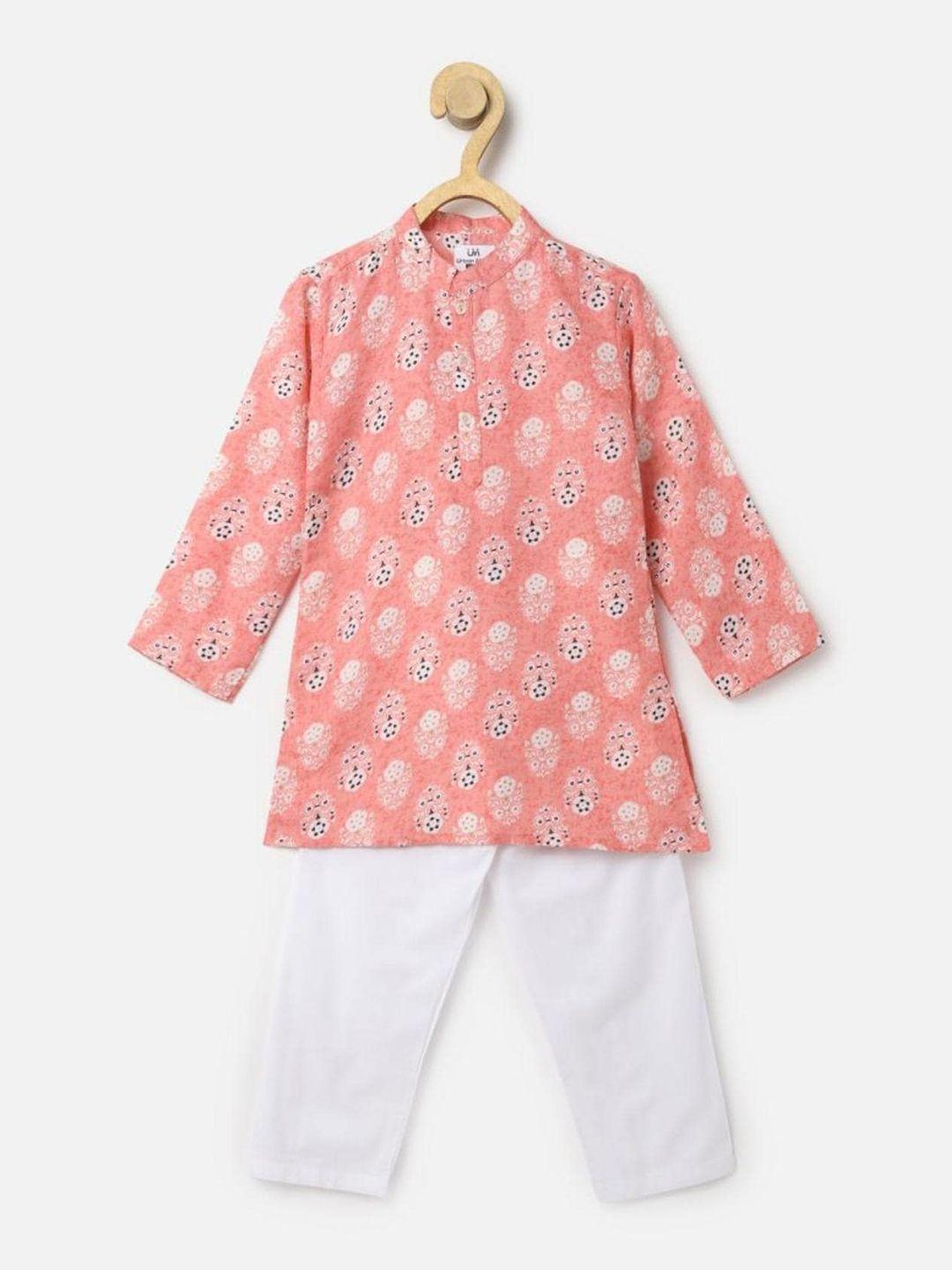 urbanmark boys coral ethnic motifs printed regular kurta with pyjamas