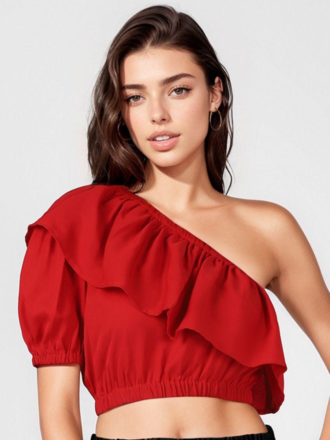 urbanmark one shoulder ruffle fitted crop top