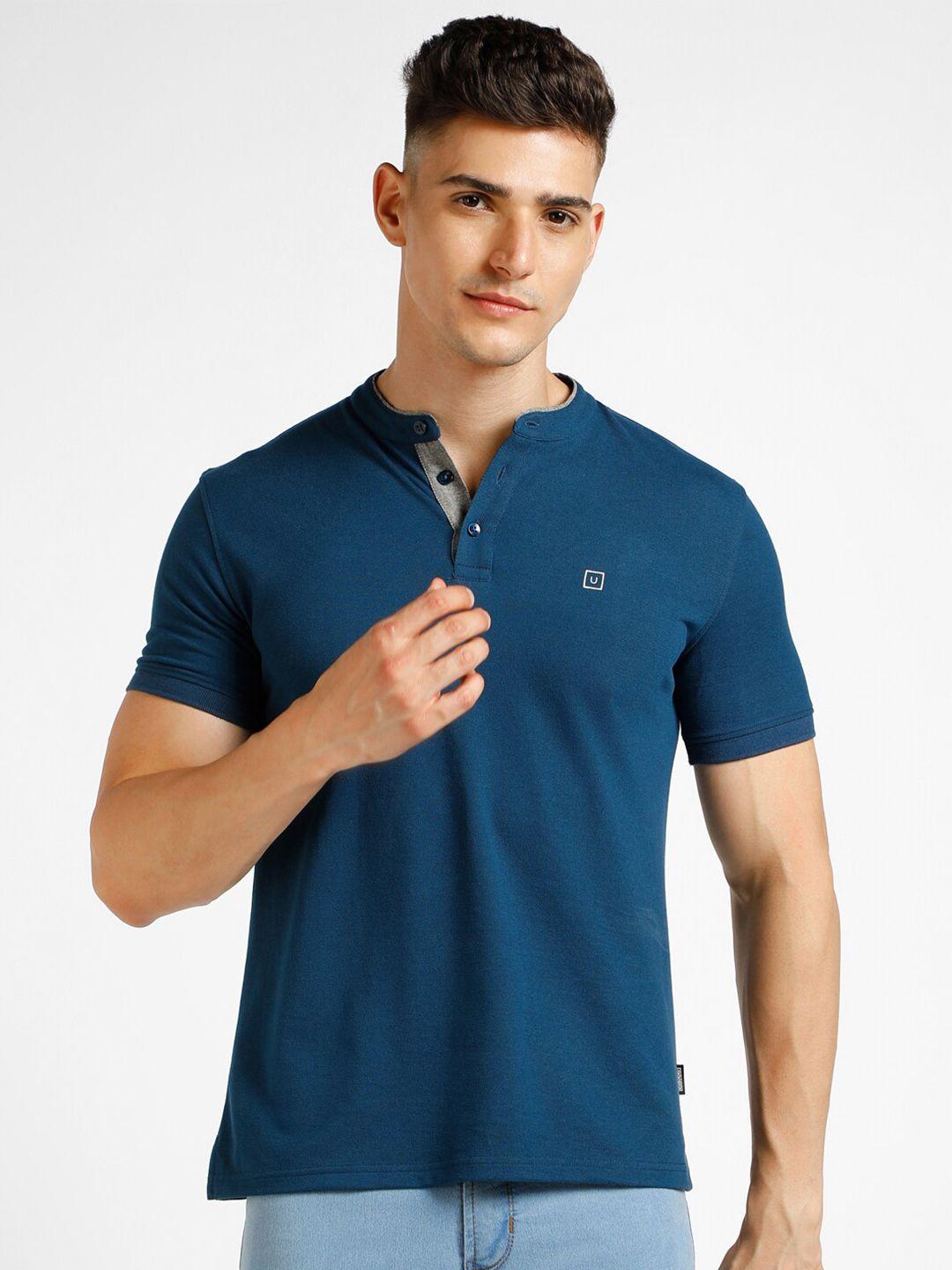urbano fashion men blue mandarin collar applique slim fit t-shirt