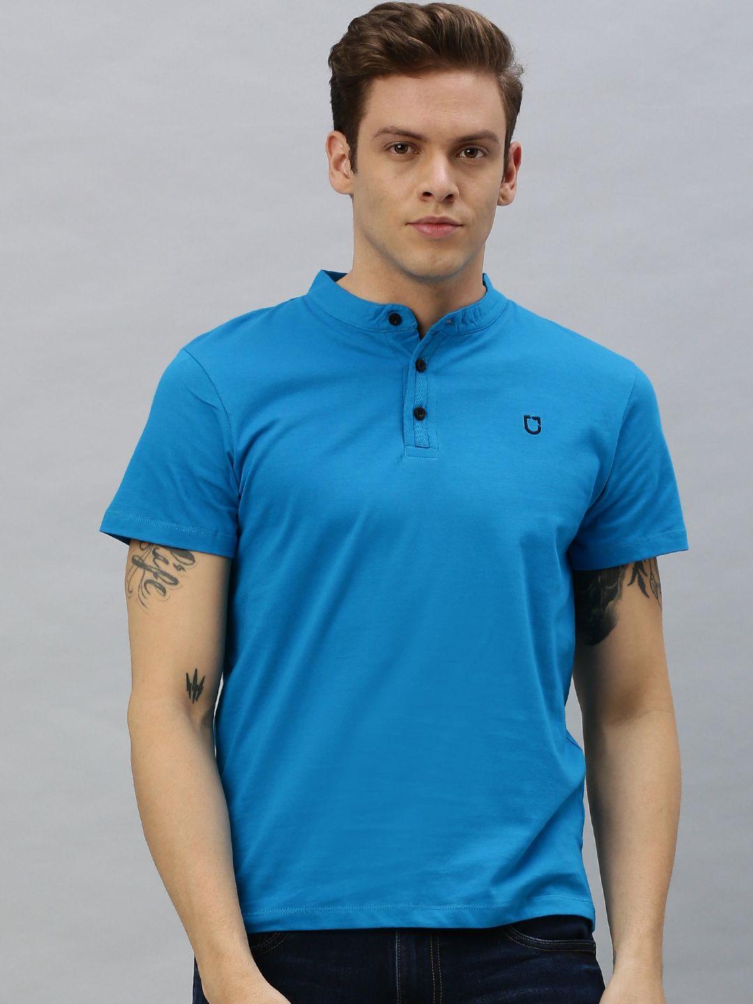 urbano fashion men blue solid slim fit mandarin collar pure cotton t-shirt