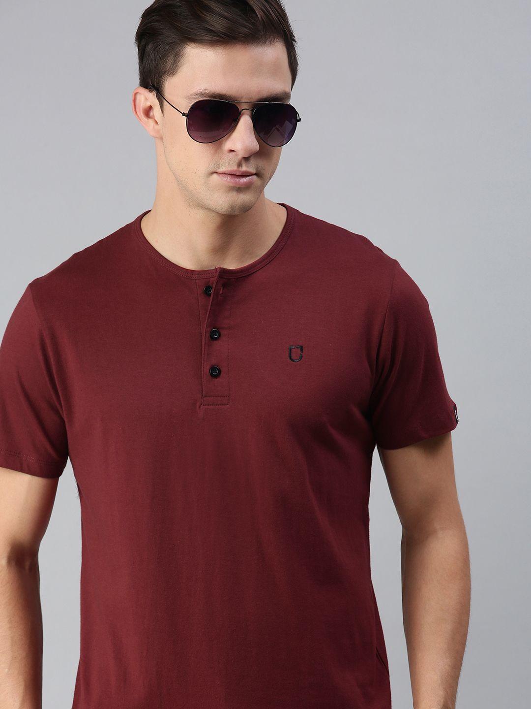 urbano fashion men maroon henley neck pure cotton slim fit pure cotton t-shirt