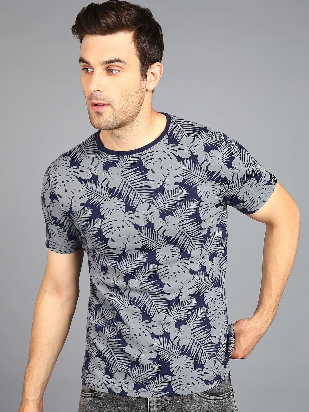 urbano fashion men navy blue floral printed tropical pockets slim fit t-shirt
