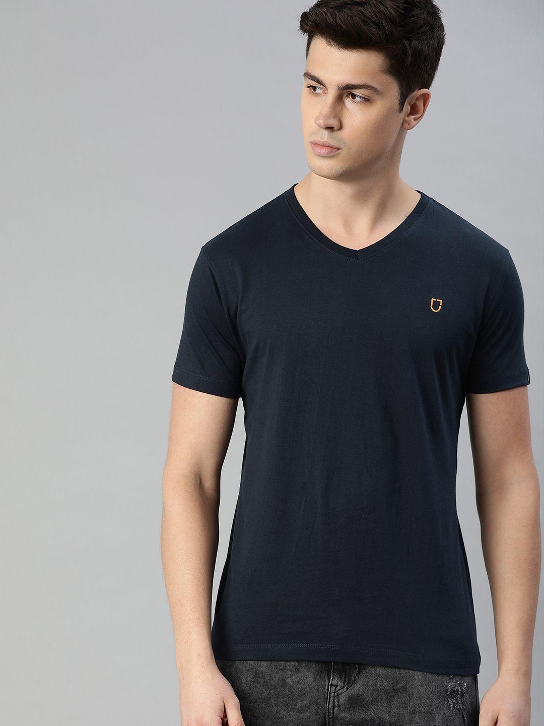 urbano fashion men navy blue slim fit solid v-neck t-shirt