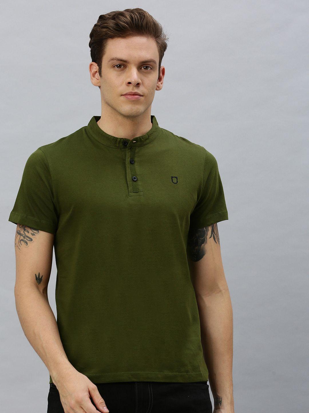 urbano fashion men olive green solid slim fit mandarin collar pure cotton t-shirt