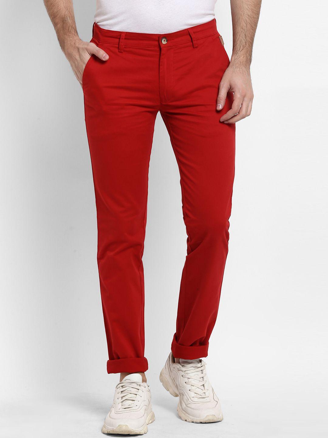 urbano fashion men red slim fit solid regular trousers