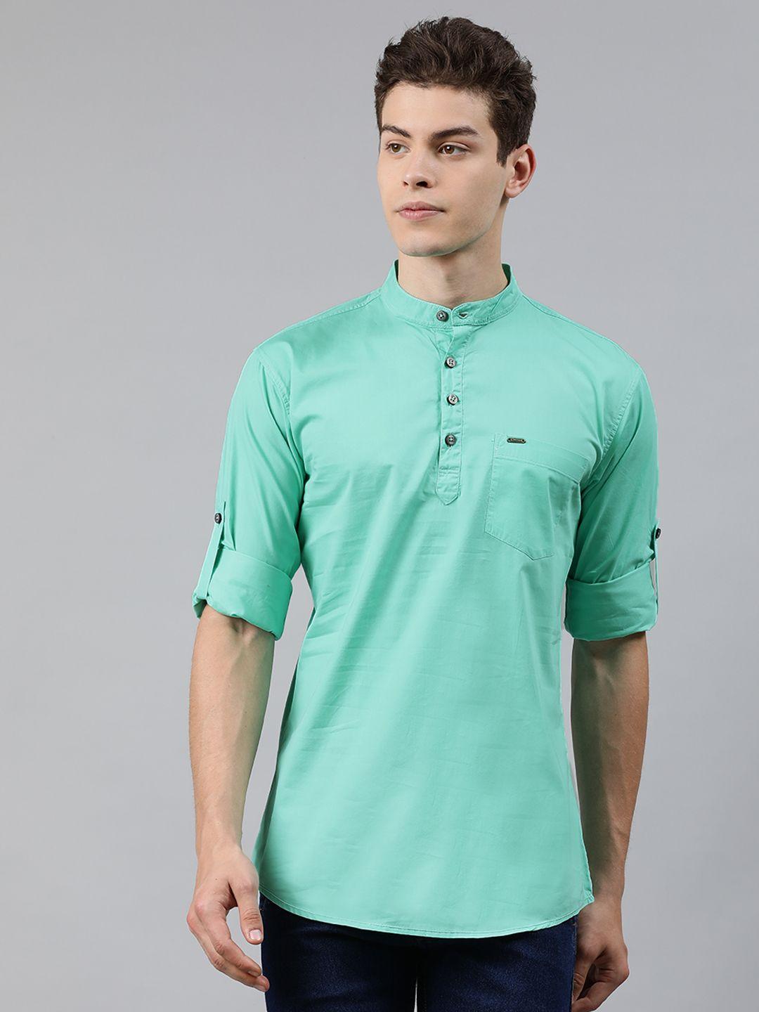 urbano fashion men sea green slim fit solid half placket casual shirt