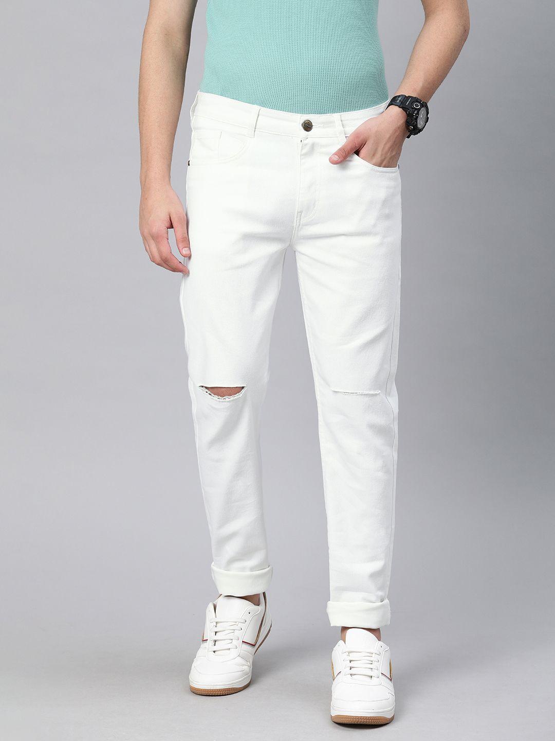urbano fashion men white slim fit mid-rise slash knee stretchable jeans