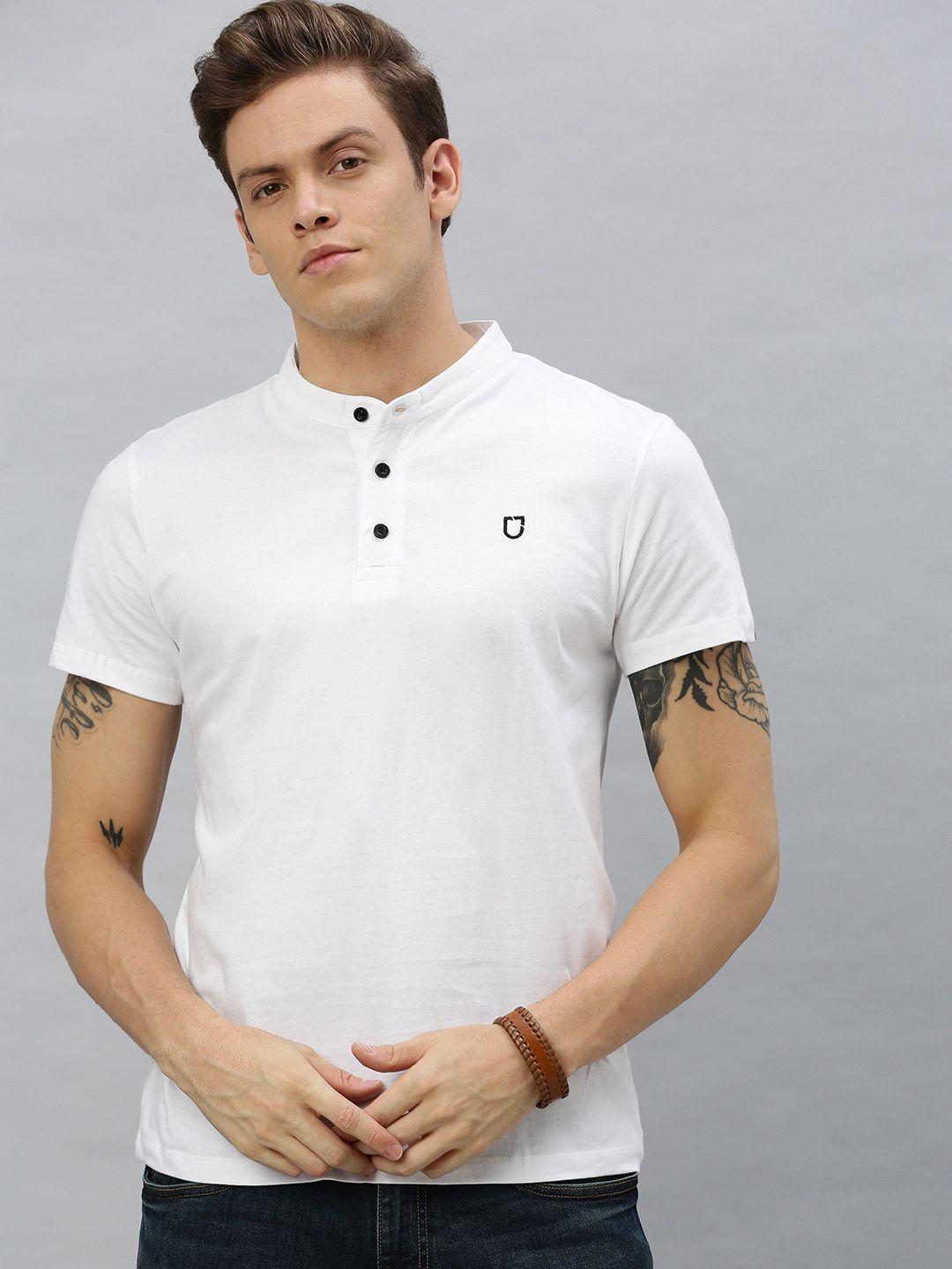 urbano fashion men white solid mandarin collar t-shirt