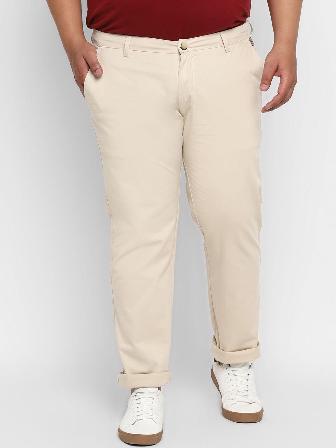 urbano plus men cream-coloured regular fit solid regular trousers