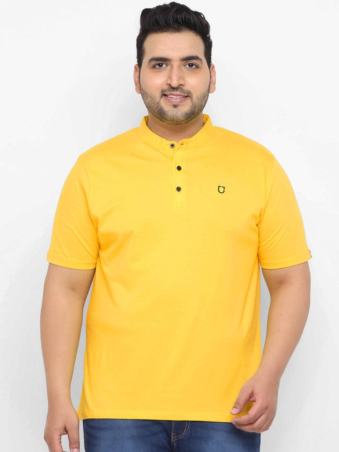 urbano-plus-men-yellow-solid-mandarin-collar-pure-cotton-t-shirt
