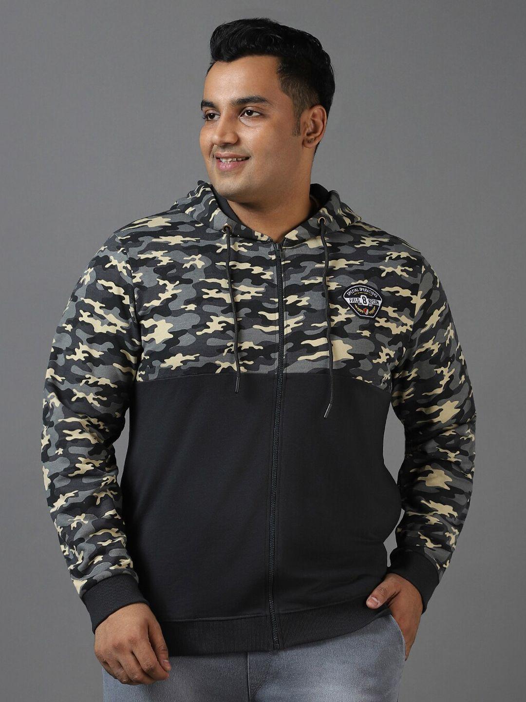 urbano plus plus size camouflage printed hooded cotton front open sweatshirt