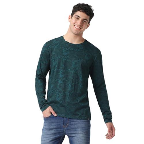 urbano fashion men's dark green printed full sleeve slim fit t-shirt (aopleaffull-drgreen-l)