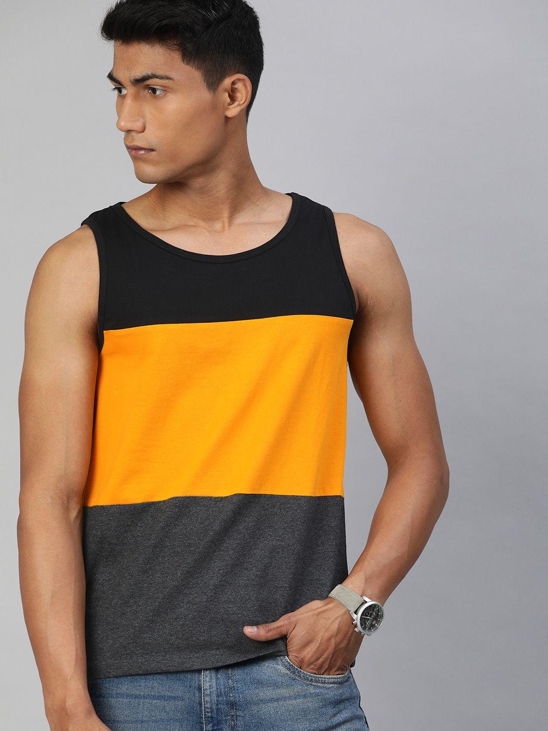 urbano fashion men black  mustard yellow slim fit colourblocked sleeveless pure cotton t-shirt