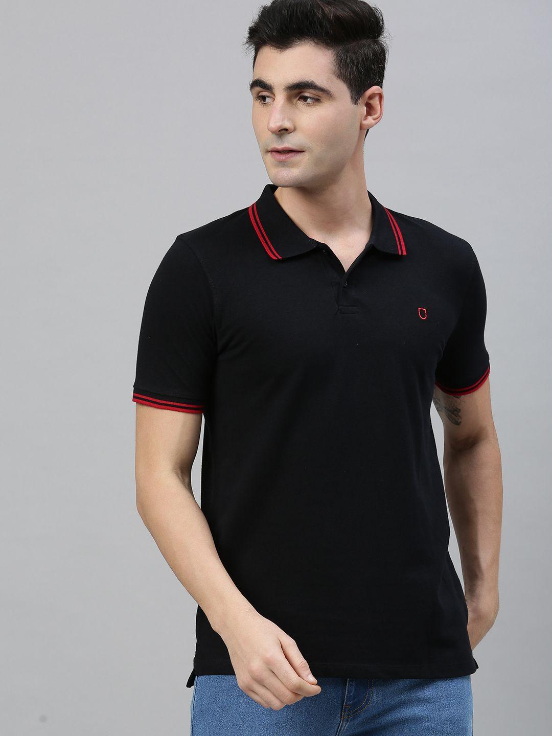 urbano fashion men black solid polo collar pure cotton t-shirt