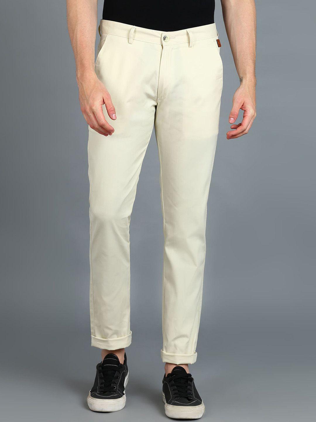 urbano fashion men cream-coloured slim fit easy wash cotton chinos