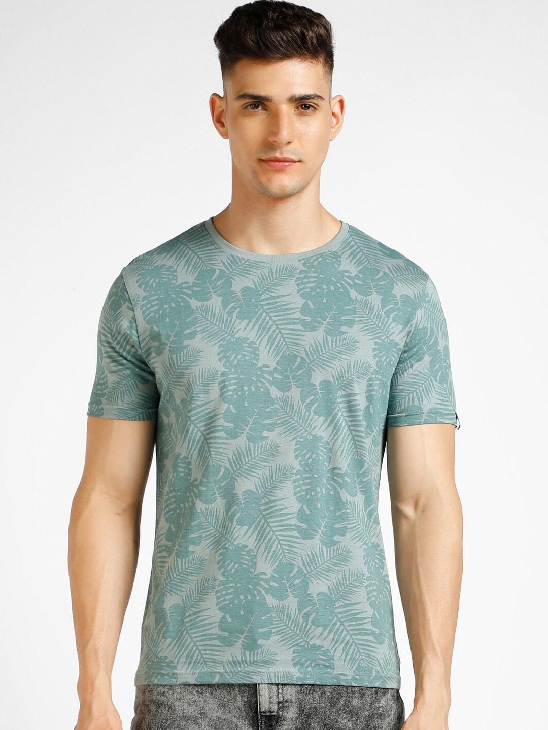 urbano fashion men green floral printed tropical raw edge slim fit t-shirt
