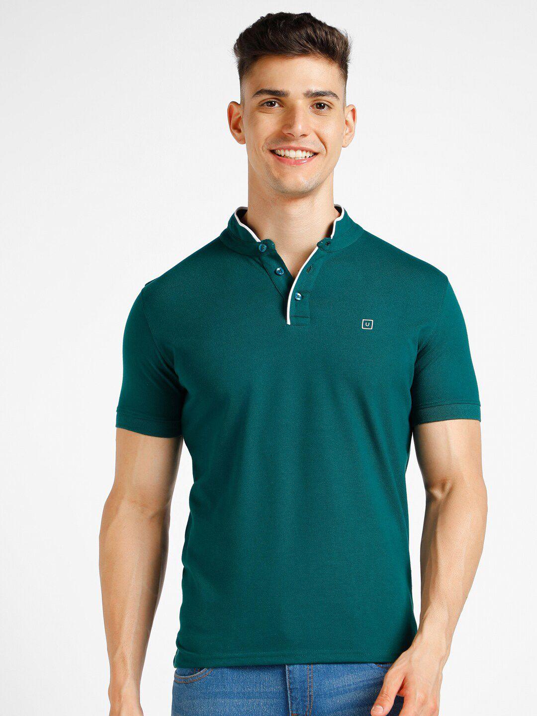urbano fashion men green mandarin collar slim fit t-shirt