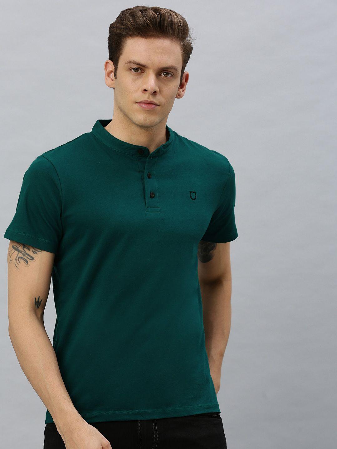 urbano fashion men green solid mandarin collar t-shirt