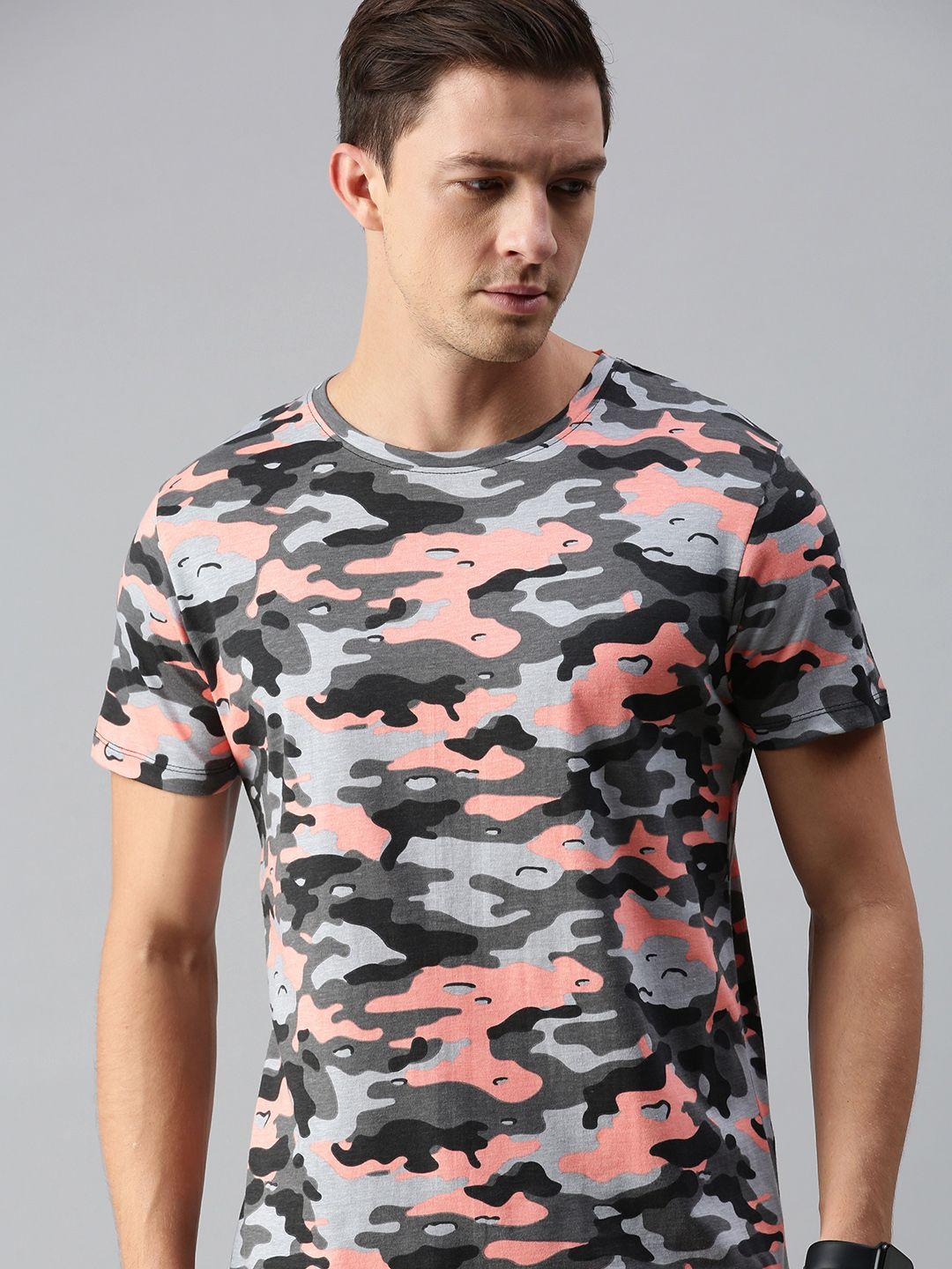 urbano fashion men grey  coral orange camouflage printed slim fit pure cotton t-shirt