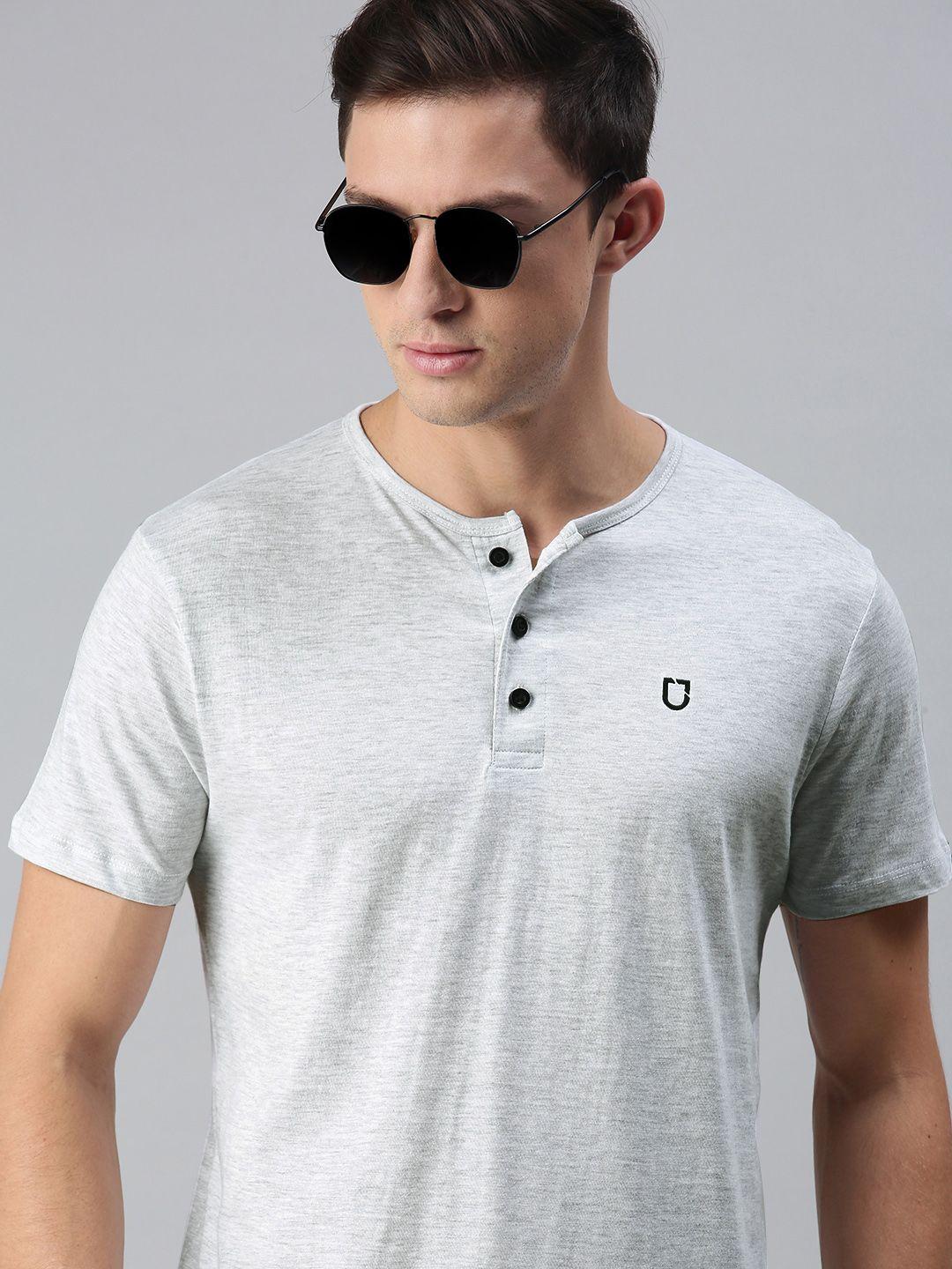 urbano fashion men grey melange henley neck pure cotton slim fit pure cotton t-shirt