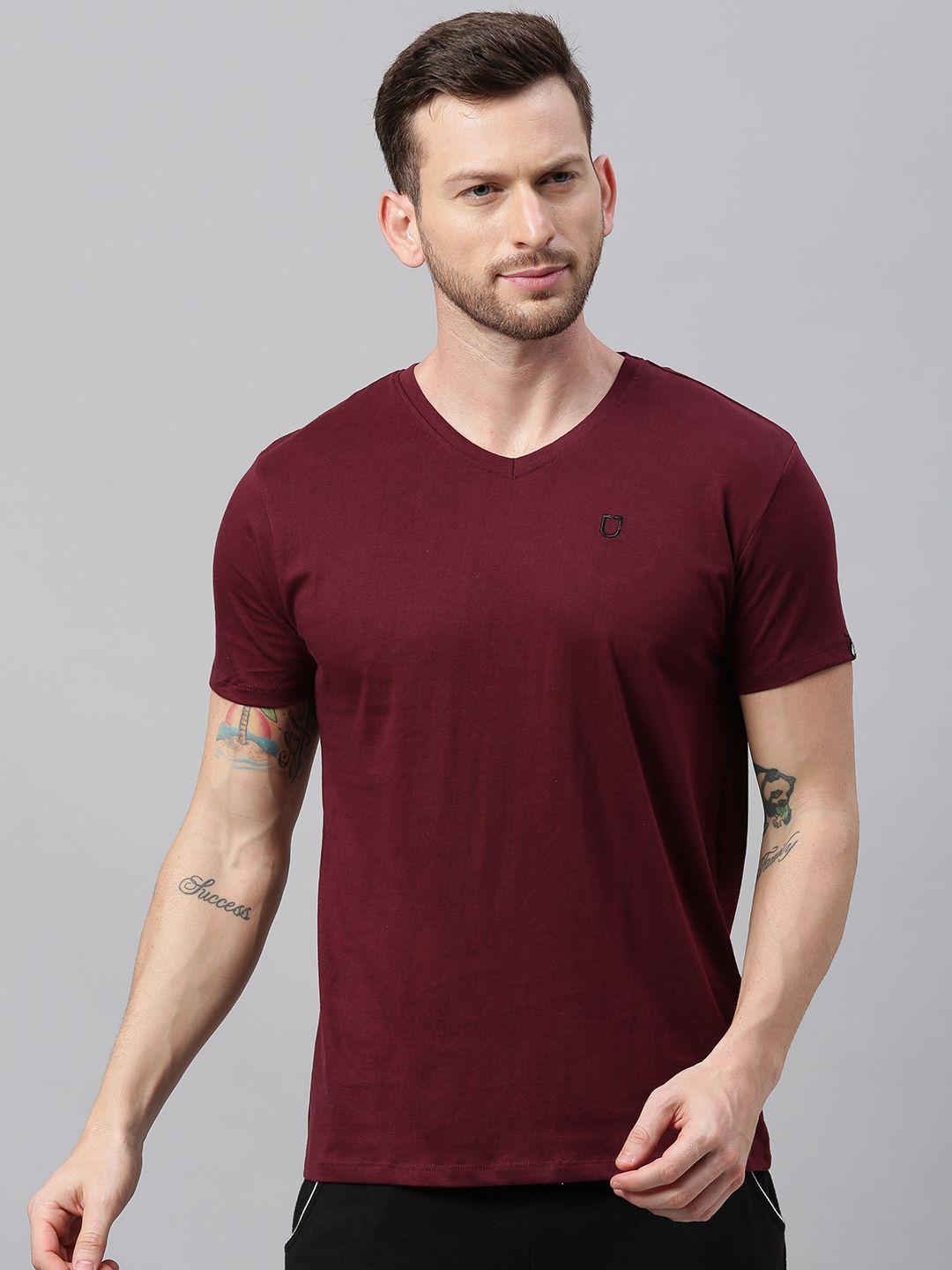 urbano fashion men maroon solid v-neck pure cotton t-shirt