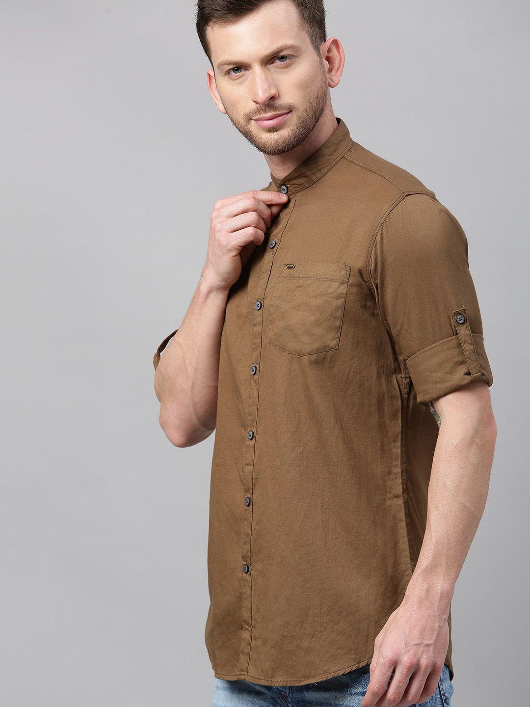 urbano fashion men olive brown slim fit solid casual shirt