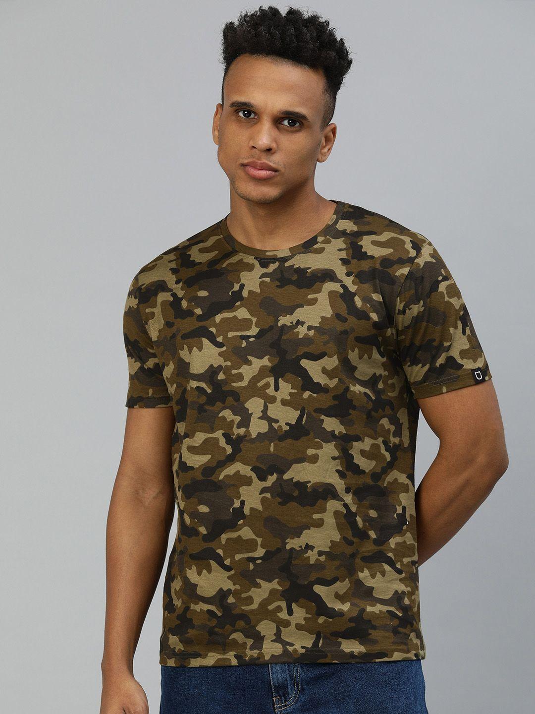 urbano fashion men olive green & beige camouflage print pure cotton t-shirt