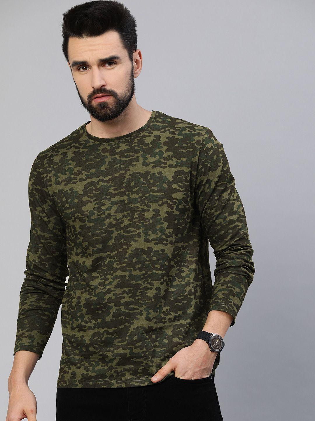 urbano fashion men olive green camouflage printed pure cotton slim fit t-shirt
