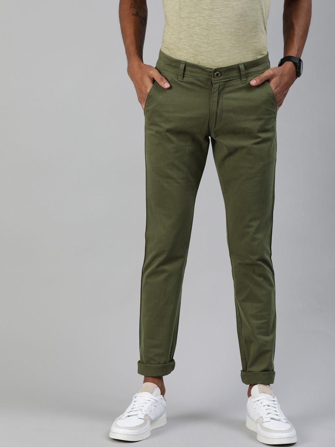 urbano fashion men olive green slim fit solid regular trousers