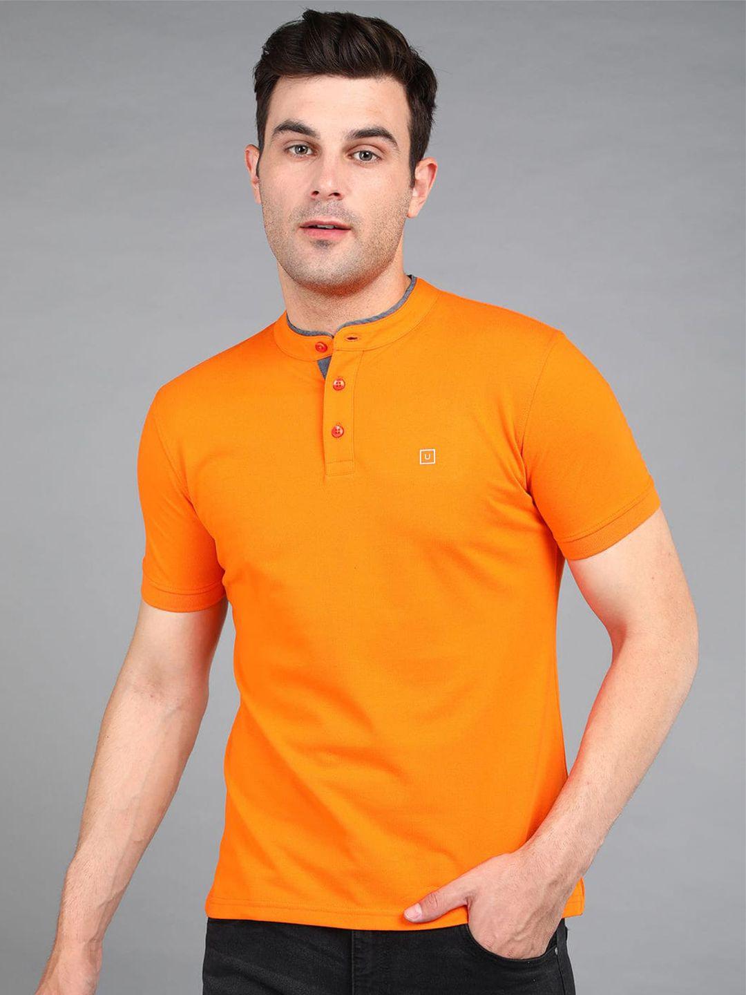 urbano fashion men orange henley neck applique slim fit t-shirt