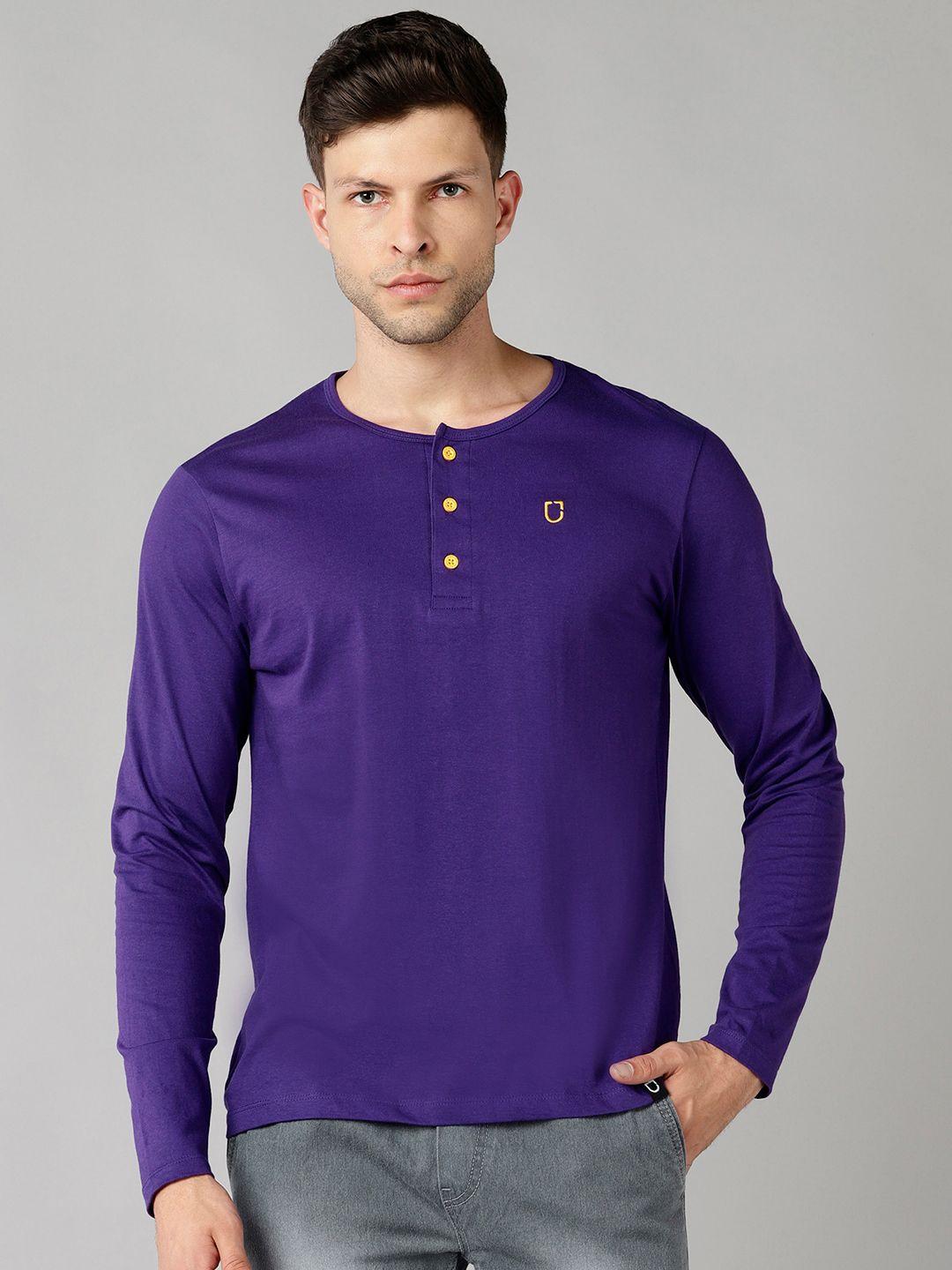 urbano fashion men purple henley neck applique slim fit t-shirt