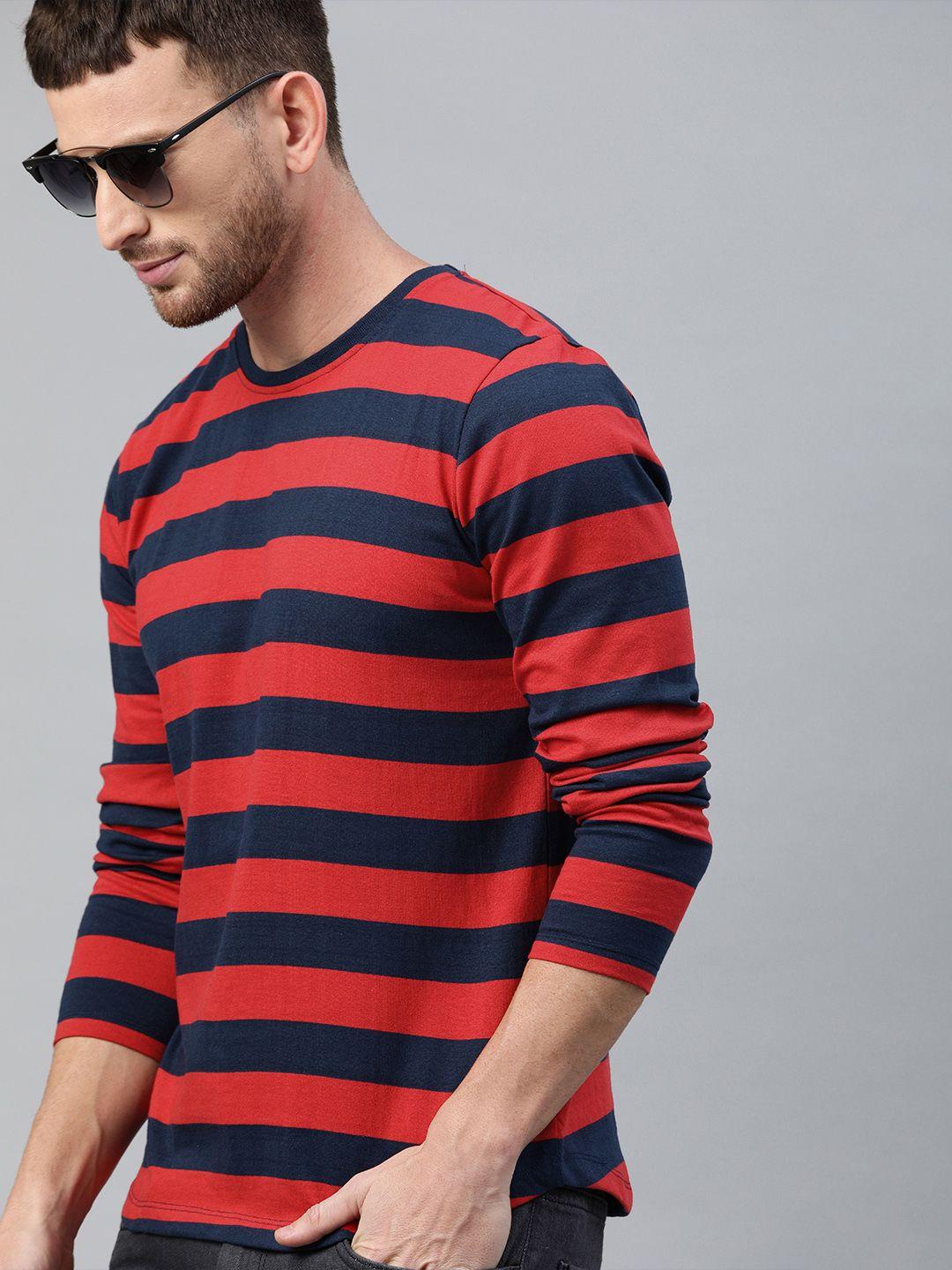 urbano fashion men red & navy blue striped slim fit round neck t-shirt