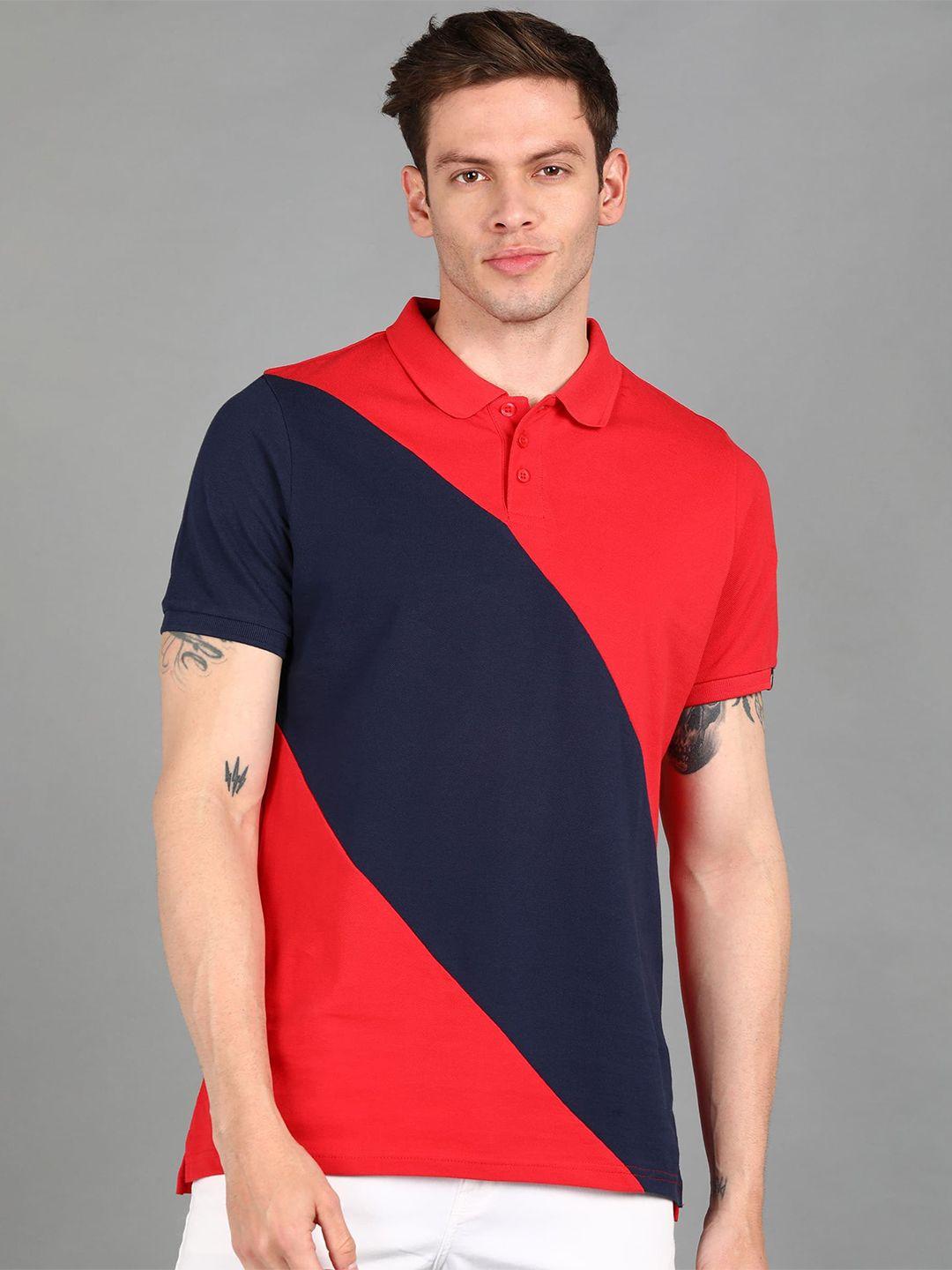 urbano fashion men red colourblocked polo collar applique slim fit t-shirt
