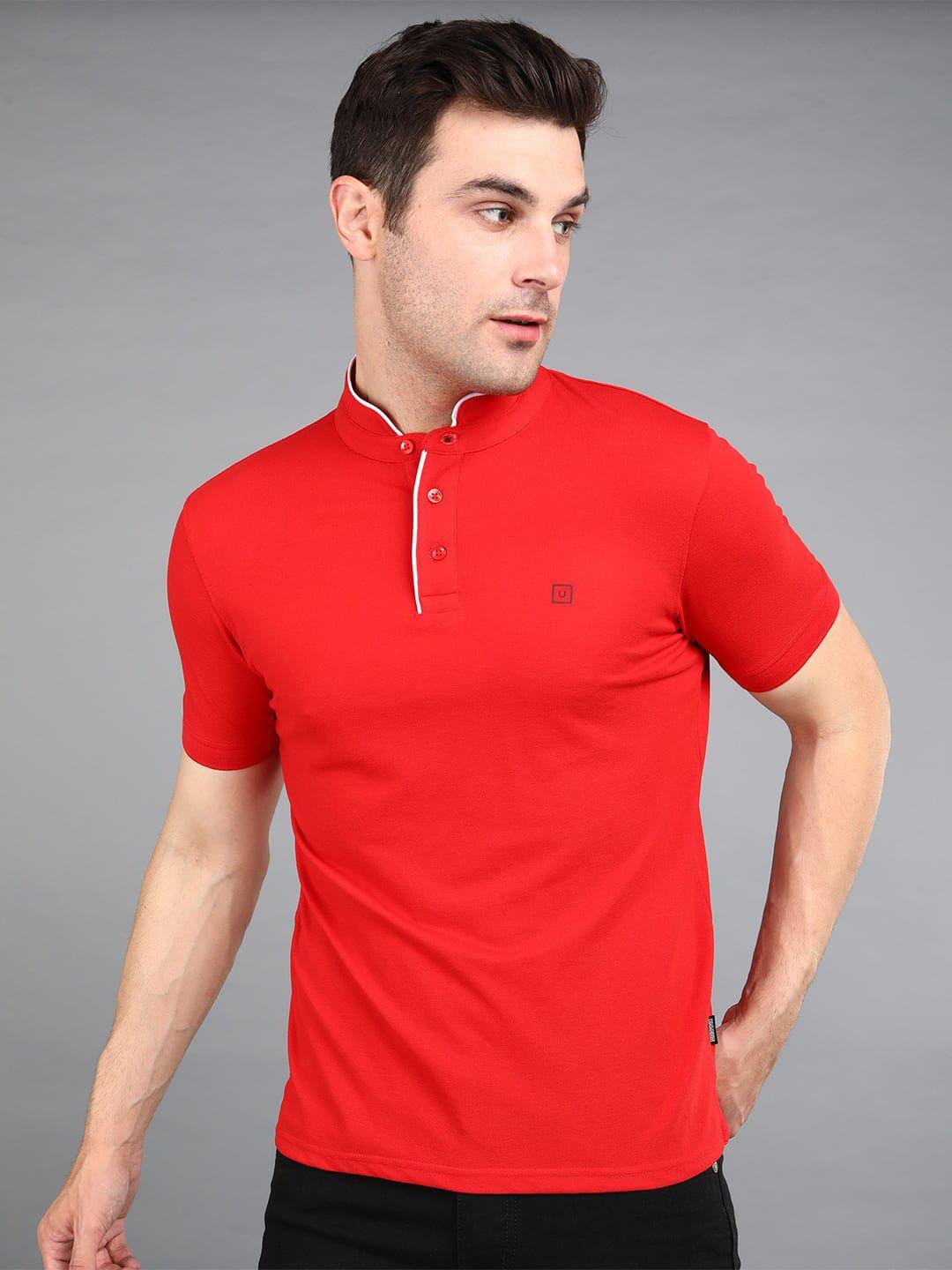 urbano fashion men red mandarin collar applique slim fit t-shirt