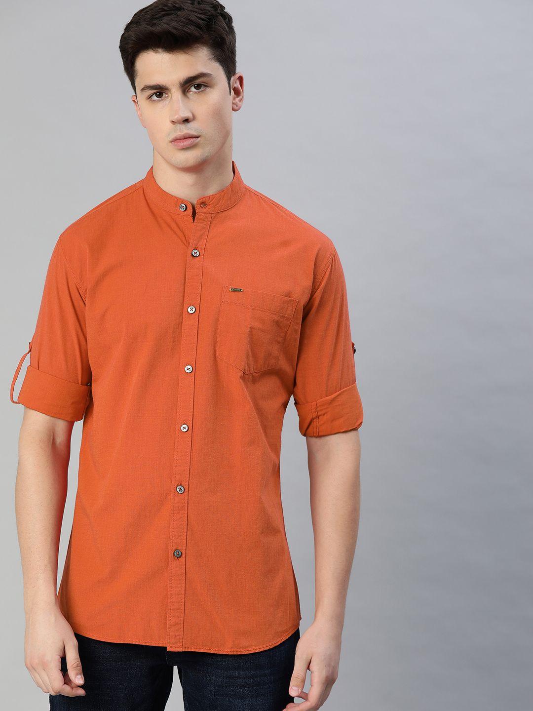 urbano fashion men rust orange slim fit solid casual shirt