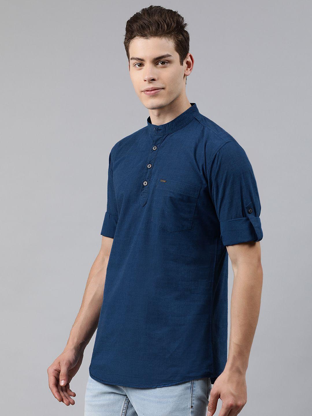 urbano fashion men teal blue slim fit solid half placket casual shirt
