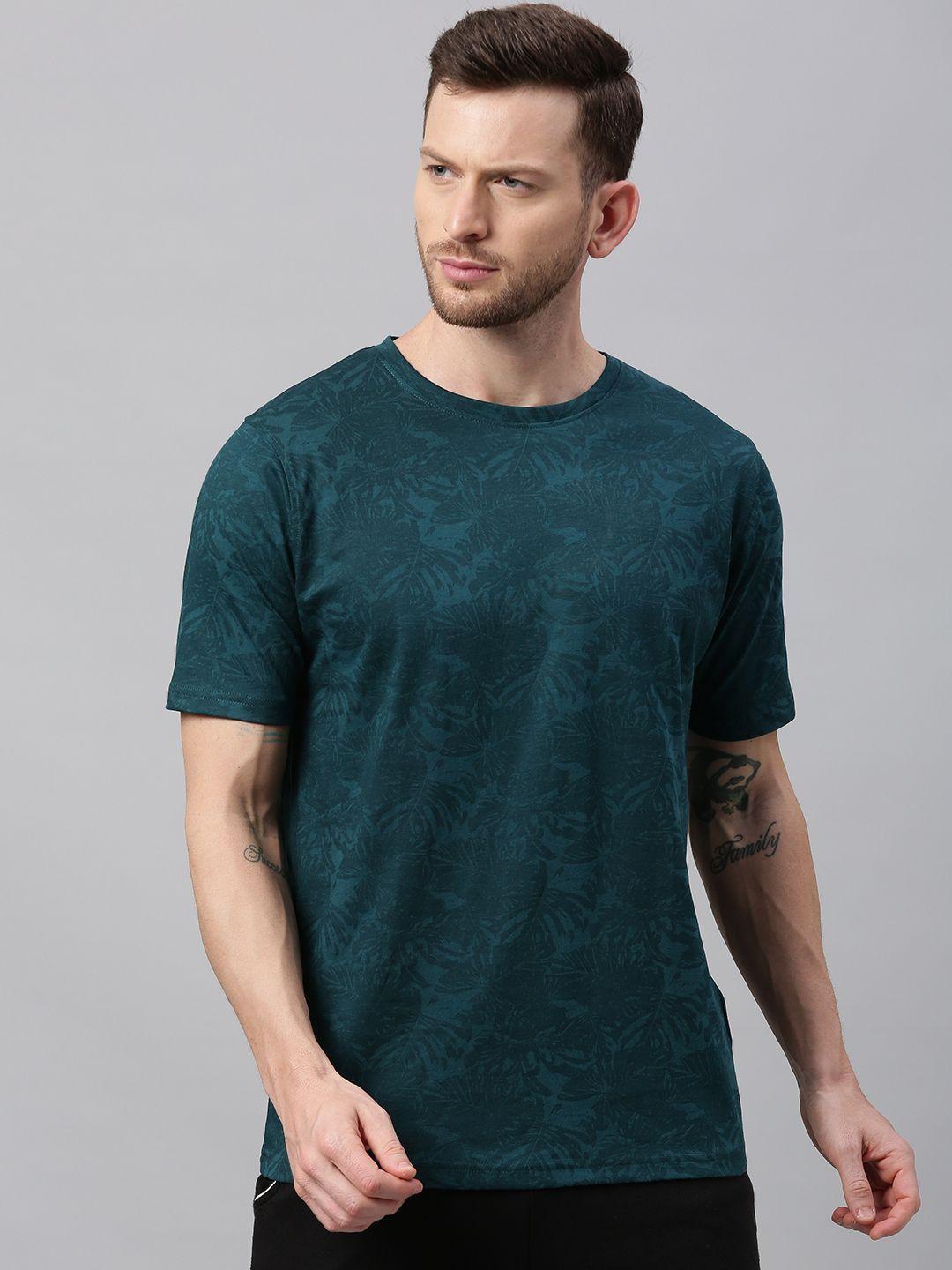 urbano fashion men teal blue tropical printed round neck t-shirt