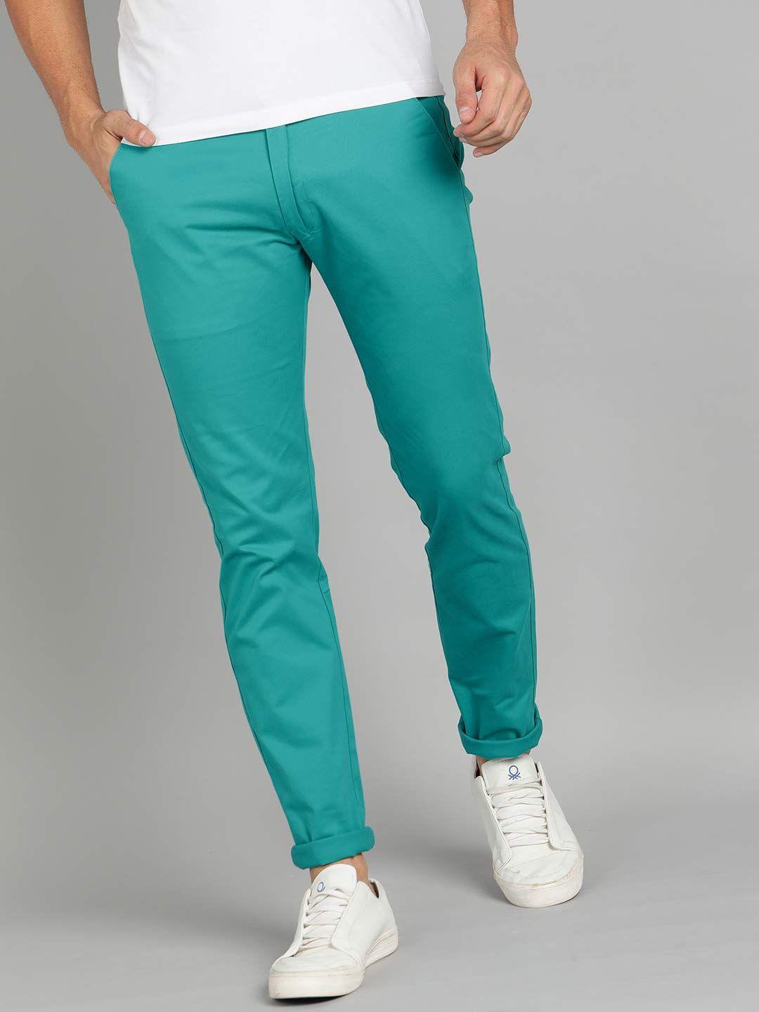 urbano fashion men turquoise blue slim fit solid regular trousers