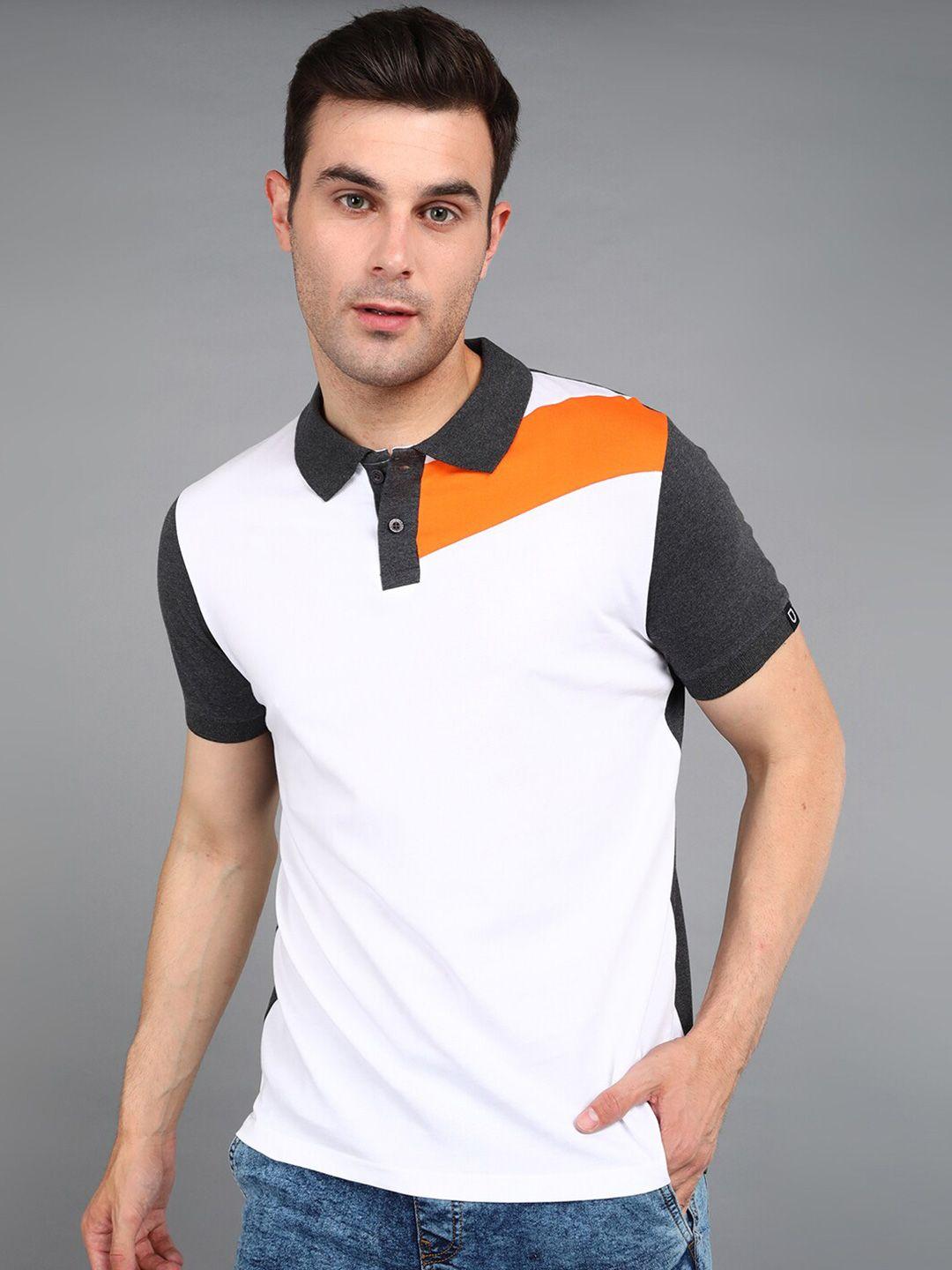 urbano fashion men white colourblocked polo collar pockets slim fit t-shirt