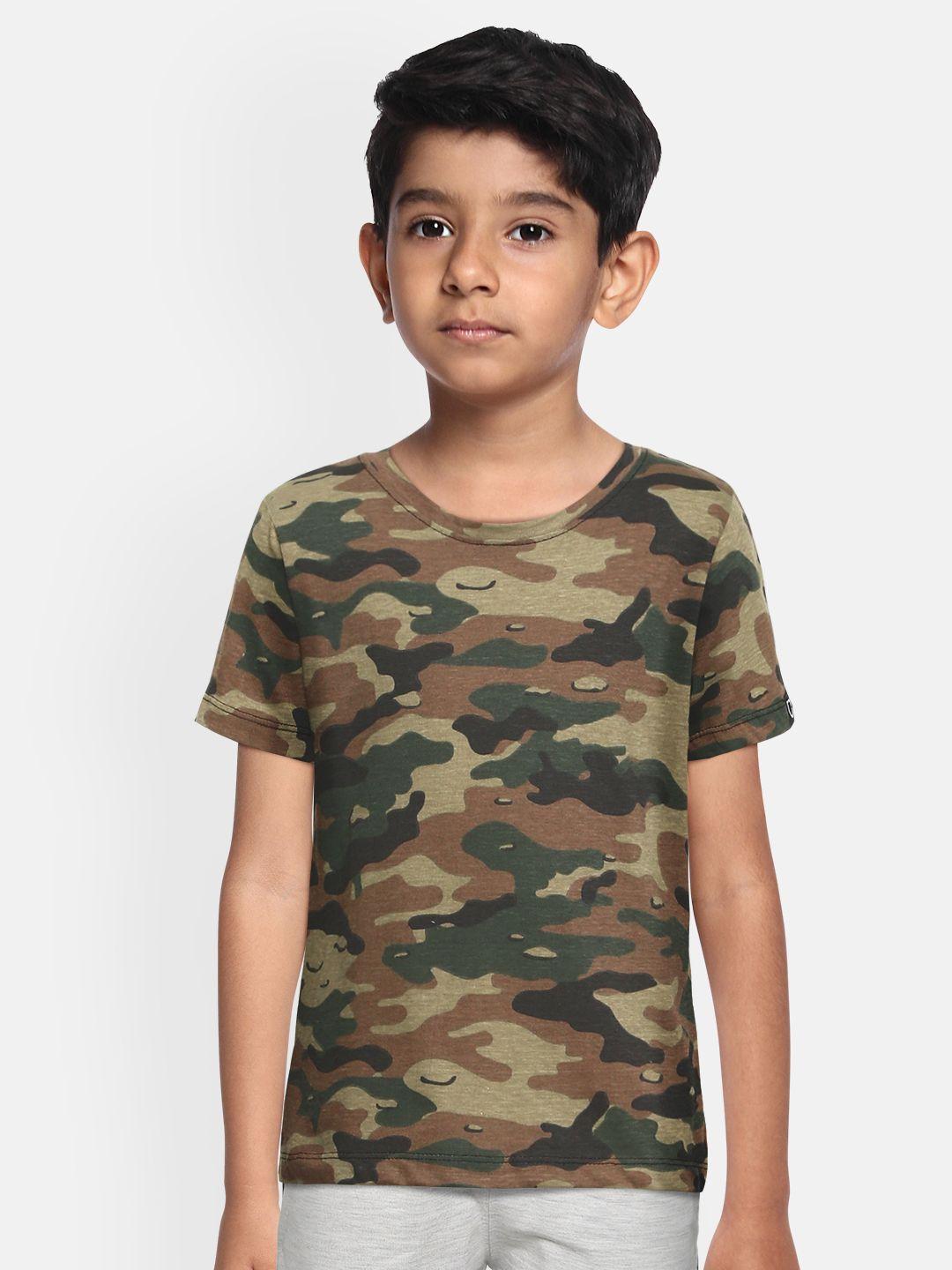 urbano juniors boys green & brown camouflage printed training or gym t-shirt