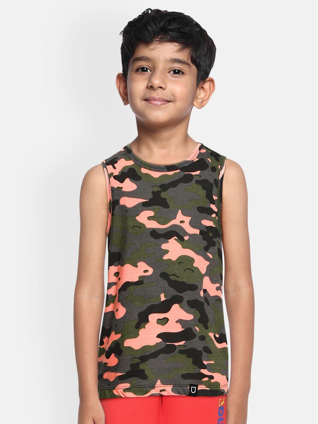 urbano juniors boys green & orange camouflage printed training or gym t-shirt