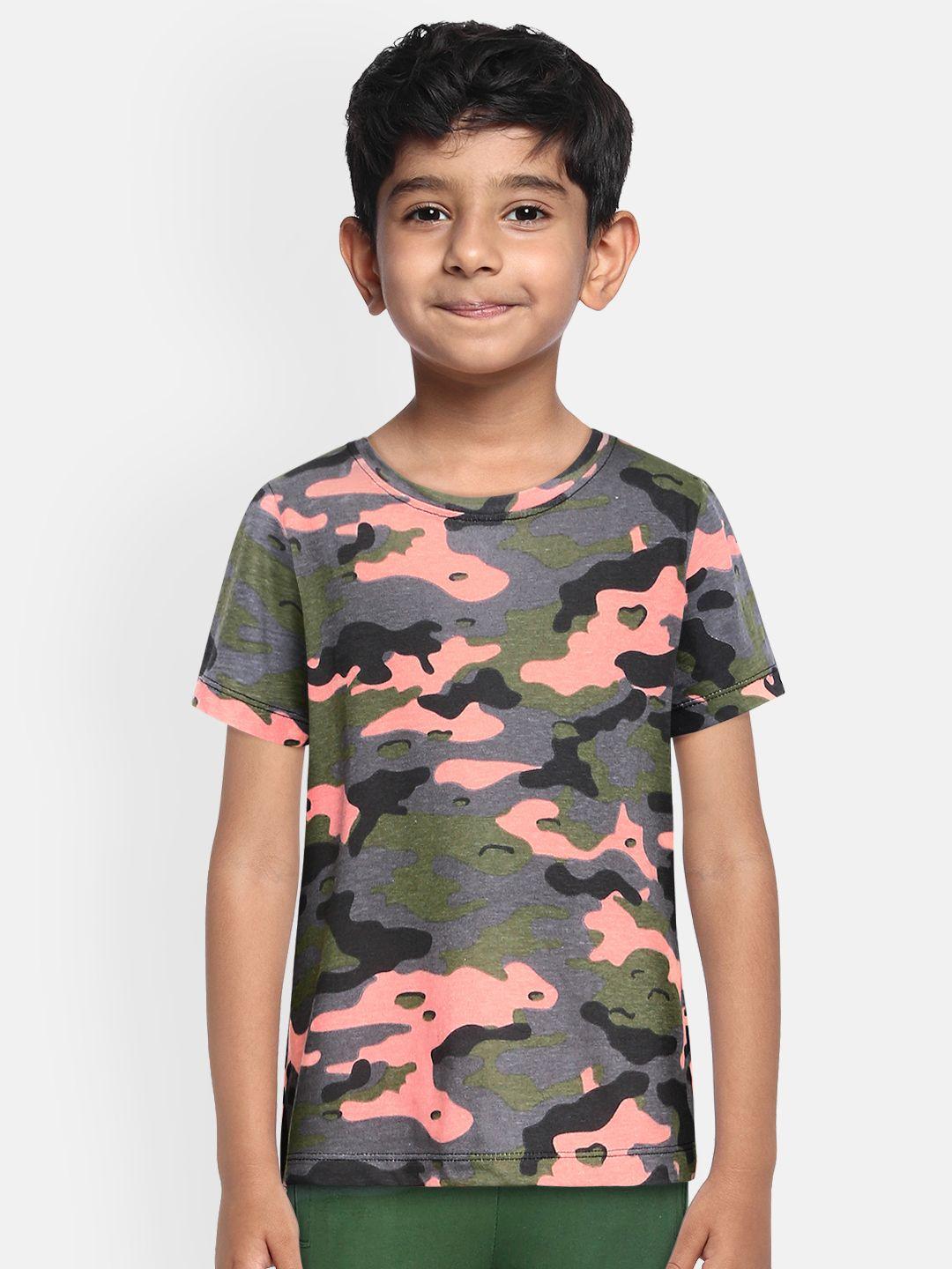 urbano juniors boys green & orange camouflage printed training or gym t-shirt