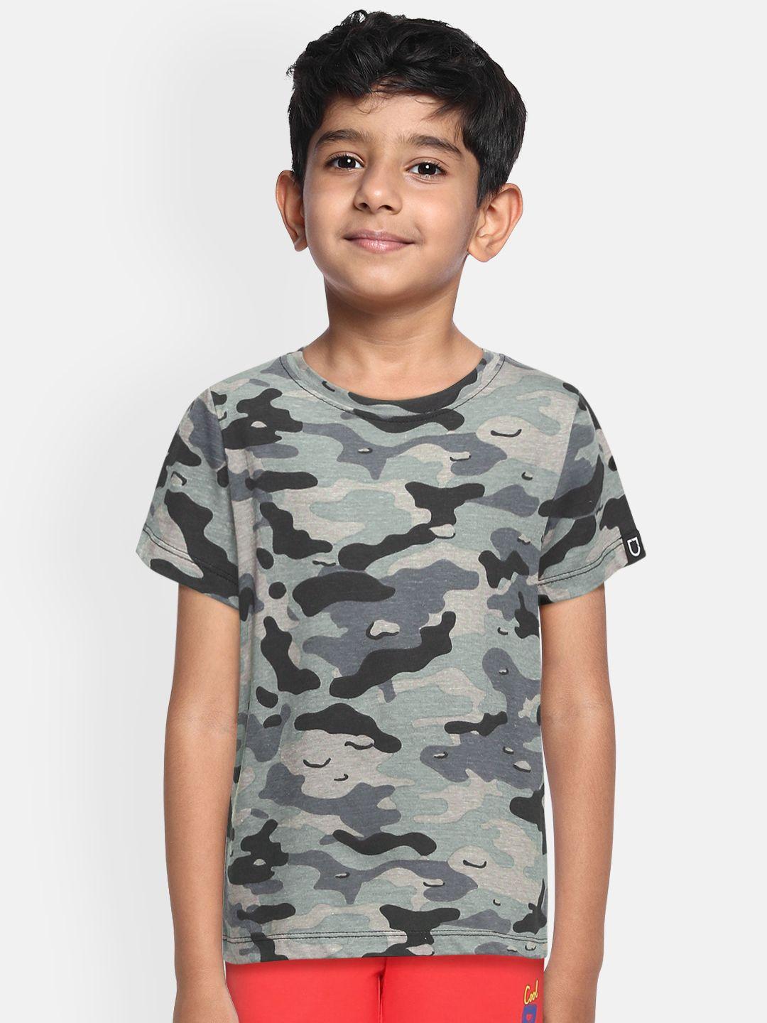 urbano juniors boys grey & green camouflage printed training or gym t-shirt