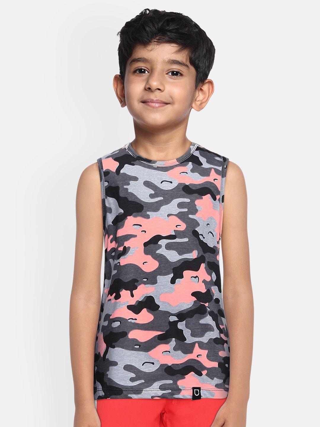 urbano juniors boys grey & orange camouflage printed training or gym t-shirt