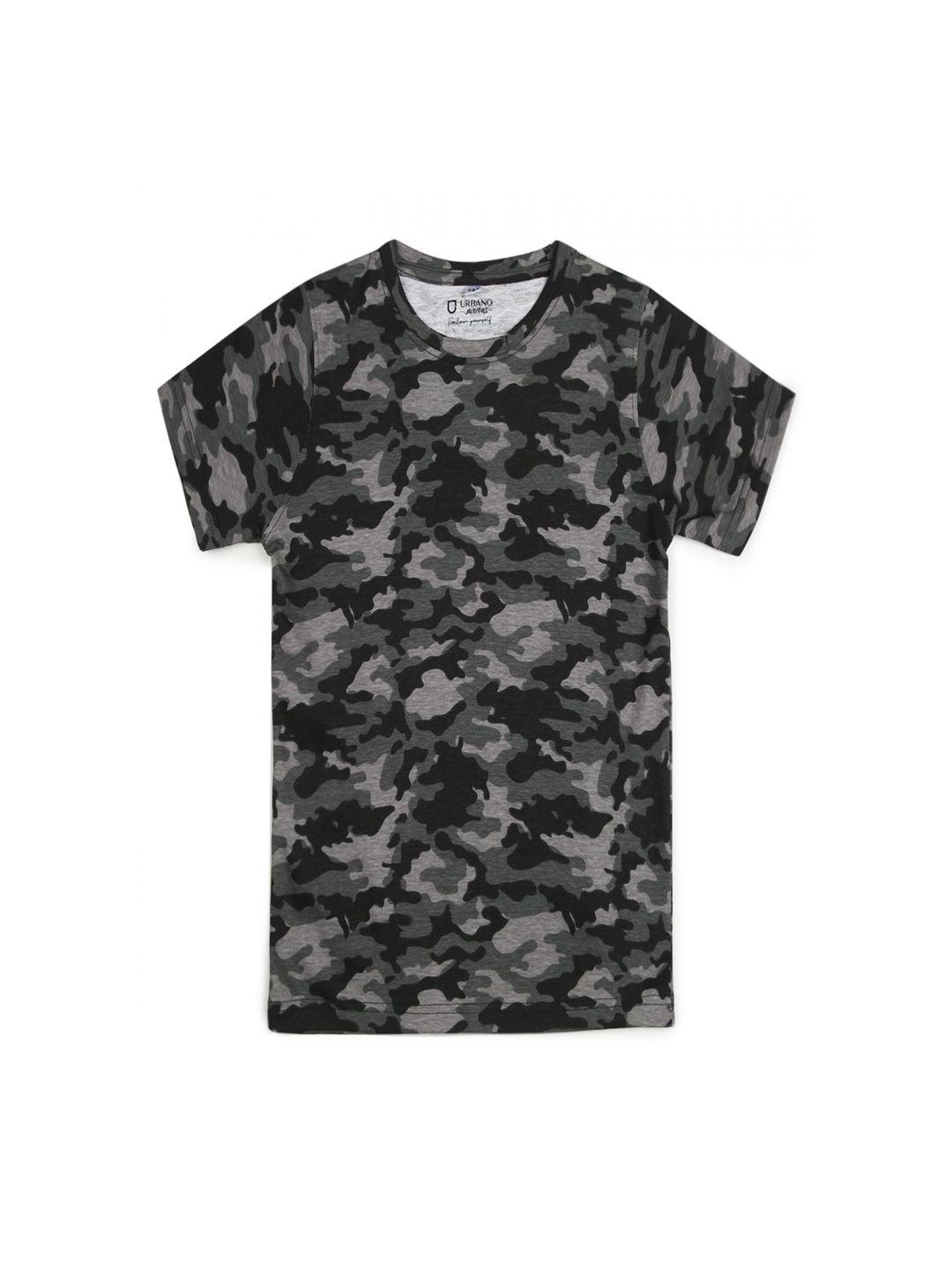 urbano juniors boys grey  black camouflage printed round neck pure cotton t-shirt