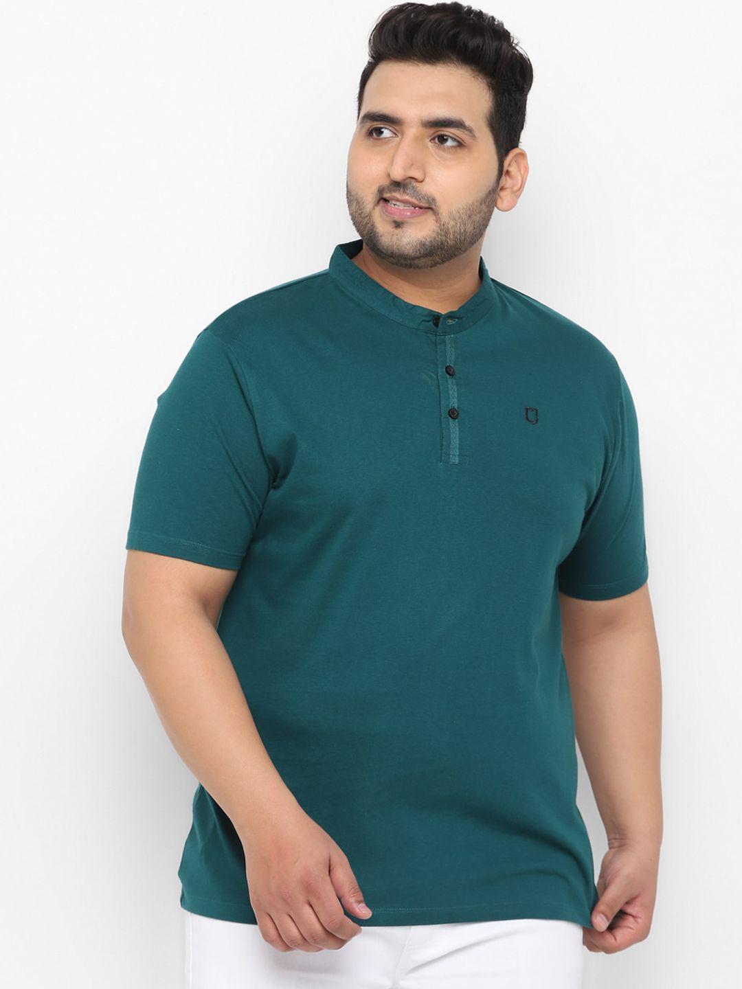 urbano plus men green solid mandarin collar cotton t-shirt
